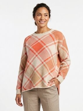 Olsen Plaid Crewneck Sweater in Peach Multi Size XL